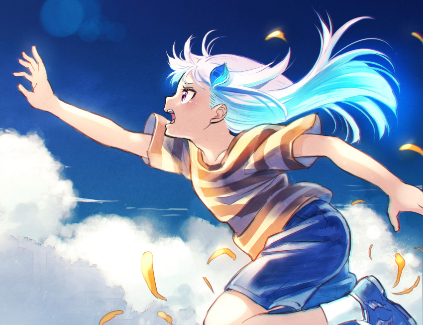 1girl blue_hair blue_sky cloud commentary_request cosplay hair_ornament highres lize_helesta mother_(game) mother_3 multicolored_hair ness ness_(cosplay) nijisanji petals reaching running sakino_shingetsu shirt shoes short_sleeves shorts sky socks solo striped striped_shirt t-shirt tears two-tone_hair virtual_youtuber white_hair white_legwear