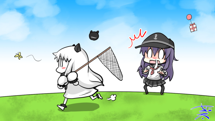 2girls akatsuki_(kantai_collection) artist_name box bug butterfly butterfly_net cloud doubutsu_no_mori gift gift_box hand_net hat holding holding_butterfly_net horns insect kantai_collection lawn multiple_girls northern_ocean_hime nyonyonba_tarou open_mouth sailor_hat school_uniform sky