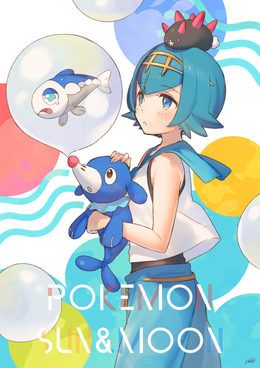 1girl bare_arms blue_eyes blue_hair blue_pants blue_sailor_collar bubble copyright_name from_side gen_7_pokemon hairband highres holding holding_pokemon kippu on_head pants pokemon pokemon_(creature) pokemon_(game) pokemon_on_head pokemon_sm popplio pyukumuku sailor_collar short_hair sleeveless starter_pokemon suiren_(pokemon) tears trial_captain wishiwashi wishiwashi_(solo)