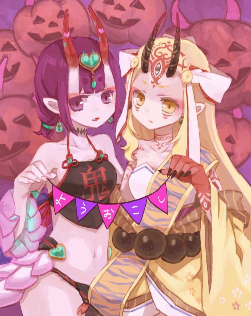 2girls bangs bare_shoulders beads black_fundoshi blonde_hair breasts chinese_clothes collarbone dudou earrings eyeliner facial_mark fang fate/grand_order fate_(series) forehead forehead_jewel forehead_mark fundoshi hair_pulled_back hair_ribbon heart highres horns ibaraki_douji_(fate/grand_order) jack-o'-lantern japanese_clothes jewelry kimono long_sleeves looking_at_viewer low_twintails makeup multiple_girls navel oni oni_horns open_mouth pointy_ears purple_eyes purple_hair purple_kimono ribbon sash short_eyebrows short_hair short_twintails shuten_douji_(fate/grand_order) shuten_douji_(halloween_caster)_(fate) skin-covered_horns small_breasts tattoo twintails white_ribbon wide_sleeves yellow_eyes yellow_kimono yo-cchi