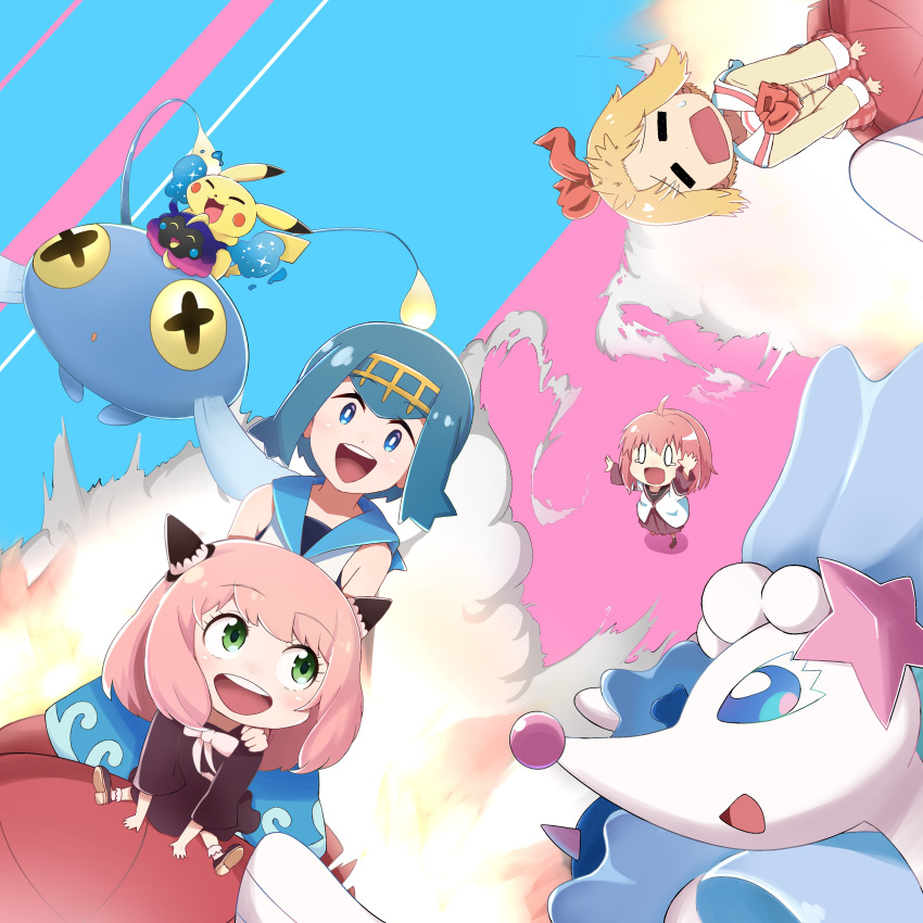 4girls :d :o absurdres ahoge akaza_akari alternate_hairstyle ania_(spy_x_family) annaka_haruna arm_up black_dress blazer blonde_hair blue_background blue_hair blue_pants blue_sailor_collar blush bow chinchou closed_eyes commentary_request cosmog crossover dress eyebrows_visible_through_hair flying gen_1_pokemon gen_2_pokemon gen_7_pokemon hair_bow hairband highres jacket legendary_pokemon looking_at_another mochamillll multiple_crossover multiple_girls nanamori_school_uniform neckerchief nichijou open_mouth pants pikachu pink_background pink_hair pleated_dress pokemon pokemon_(creature) pokemon_(game) pokemon_sm primarina red_bow red_dress red_hair red_neckwear red_skirt ribbon riding riding_pokemon sailor_collar school_uniform shirt skirt smile spy_x_family suiren_(pokemon) tears tokisadame_school_uniform trial_captain two-tone_background upper_teeth white_sailor_collar white_shirt yellow_hairband yuru_yuri |d