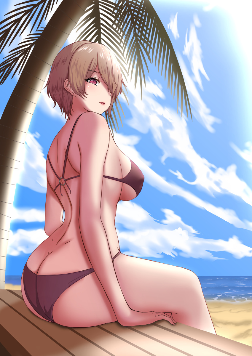 1girl absurdres ass beach bikini blue_sky breasts brown_hair cloud commentary day defaultkavy from_side hair_over_one_eye highres honkai_(series) honkai_impact_3rd horizon large_breasts mole mole_under_eye o-ring o-ring_bikini ocean outdoors palm_tree purple_bikini purple_eyes rita_rossweisse sand short_hair sitting sky solo swimsuit tree