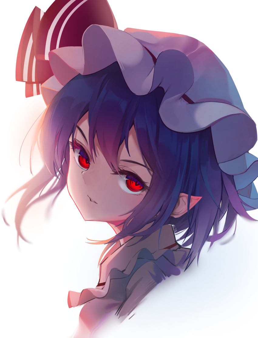 1girl blue_hair bow collar frilled_collar frilled_shirt_collar frills hat hat_ribbon highres kuma-ra looking_at_viewer looking_to_the_side mob_cap pink_shirt portrait purple_hair red_bow red_eyes red_ribbon remilia_scarlet ribbon shirt touhou white_background