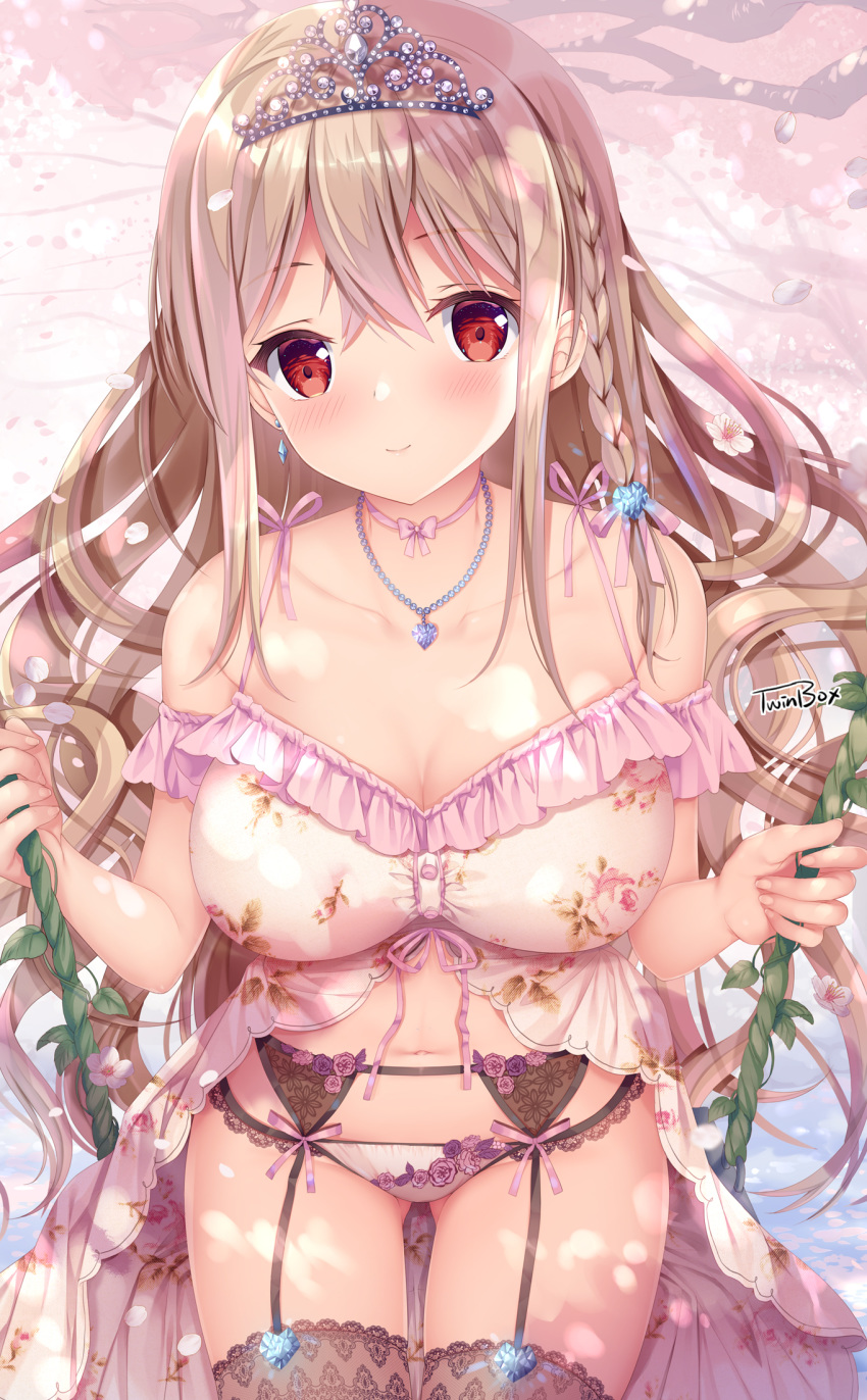 1girl babydoll bangs bare_shoulders blush braid breasts circle_name cleavage collarbone commentary_request earrings eyebrows_visible_through_hair frilled_panties frills garter_belt hair_between_eyes highres jewelry light_brown_hair long_hair looking_at_viewer medium_breasts navel neck_ribbon necklace original panties petals pink_neckwear red_eyes ribbon shiny shiny_hair sidelocks single_braid sitting smile solo sousouman swing thighhighs tiara underwear white_babydoll white_panties