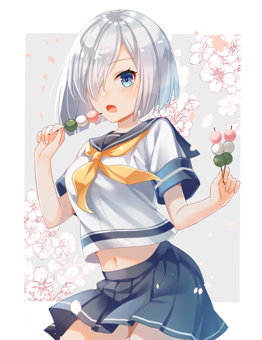 1girl blue_eyes blue_sailor_collar blue_skirt blush cowboy_shot dango eyebrows_visible_through_hair food hair_ornament hair_over_one_eye hairclip hamakaze_(kantai_collection) highres holding holding_food kantai_collection neckerchief open_mouth pleated_skirt rei_(usabiba) sailor_collar school_uniform serafuku short_hair short_sleeves silver_hair skirt solo wagashi yellow_neckwear