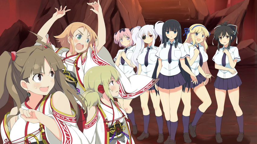 &gt;:o 6+girls :d ahoge arms_up asuka_(senran_kagura) bangs bare_shoulders black_hair black_legwear black_ribbon blonde_hair blue_eyes blue_neckwear blue_ribbon blue_skirt blush bow breasts brown_eyes brown_footwear brown_hair double_bun earrings eyepatch green_eyes hair_between_eyes hair_bow hair_ornament hair_ribbon hairclip hakama hanabi_(senran_kagura) hibari_(senran_kagura) highres ikaruga_(senran_kagura) japanese_clothes jewelry kafuru_(senran_kagura) katsuragi_(senran_kagura) large_breasts long_hair long_sleeves looking_back low_twintails medium_breasts miko multiple_girls necktie official_art open_mouth orange_hair pink_hair ponytail purple_eyes red_eyes red_hakama renka_(senran_kagura) ribbon school_uniform senran_kagura shirt shoes short_hair short_twintails skirt smile socks symbol-shaped_pupils thighhighs twintails underground white_hair white_ribbon white_shirt wide_sleeves yaegashi_nan yagyuu_(senran_kagura)