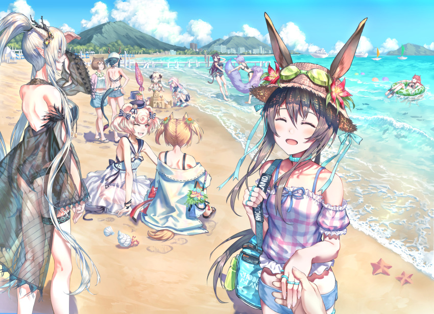 1boy 6+girls :d ^_^ amiya_(arknights) animal_ears ansel_(arknights) arknights backless_outfit backless_swimsuit bag bangs bare_arms bare_legs bare_shoulders beach beach_umbrella bear_ears black_swimsuit blonde_hair blue_hair blue_ribbon blue_shorts blue_sky blush boat bra_strap breasts brown_hair bunny_ears ch'en_(arknights) closed_eyes cloud commentary_request cowboy_shot crab day dragon_horns dragon_tail dress ears_through_headwear feet_out_of_frame flower from_behind goggles goggles_on_headwear gummy_(arknights) hair_between_eyes hand_on_hip hat hat_flower hermit_crab highres holding_hands holding_own_tail horns ifrit_(arknights) innertube jacket jewelry large_breasts large_tail long_hair long_ponytail mini_hat multiple_girls ocean off-shoulder_shirt off_shoulder one-piece_swimsuit open_mouth otoko_no_ko outdoors pink_hair pink_shirt pointy_ears ponytail pov provence_(arknights) puffy_short_sleeves puffy_sleeves purple_hair red_flower red_hair ribbon ring sand_castle sand_sculpture shining_(arknights) shirt short_shorts short_sleeves shorts silver_hair sitting sky skyfire_(arknights) sleeveless sleeveless_dress smile sora_(arknights) standing starfish sun_hat swimsuit tail thigh_strap thighs twintails umbrella very_long_hair vigna_(arknights) water watercraft white_dress white_jacket wolf_ears wolf_tail yuuki_higumo