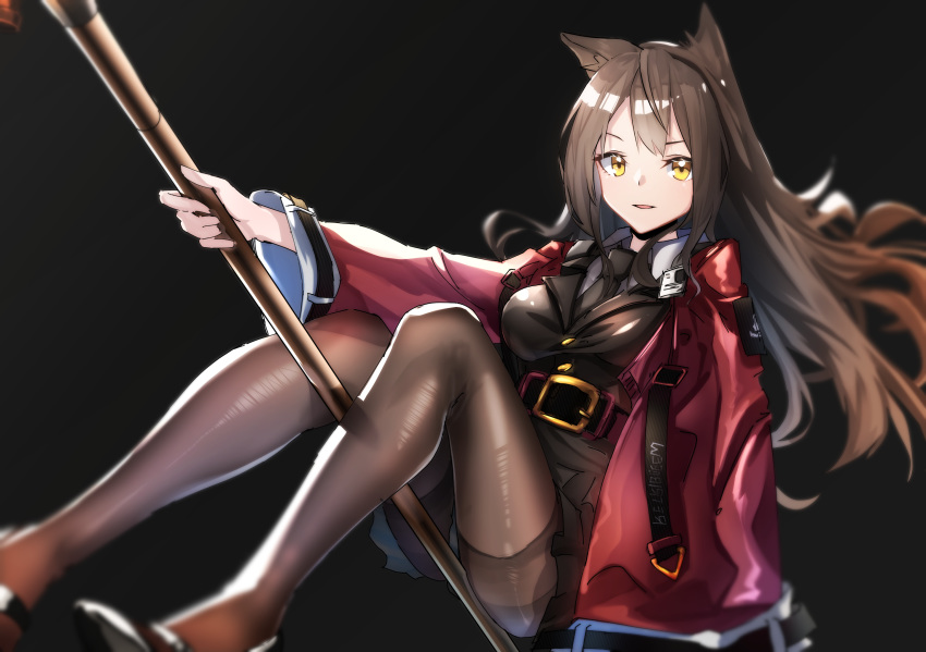 1girl animal_ears arknights bangs black_background black_dress black_footwear black_neckwear breasts brown_hair brown_legwear cat_ears commentary dress highres holding holding_staff jacket knees_up long_hair long_sleeves looking_at_viewer medium_breasts necktie open_clothes open_jacket pantyhose parted_lips red_jacket shoes simple_background sitting skyfire_(arknights) smile solo staff thighs wide_sleeves yellow_eyes you'a