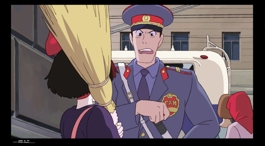 1boy 1girl badge black_border black_eyes border cyrillic dated ground_vehicle hat horikou jacket kiki looking_at_viewer majo_no_takkyuubin necktie open_mouth outdoors peaked_cap purple_jacket purple_neckwear purple_shirt shirt signature soldier soviet_union train wing_collar