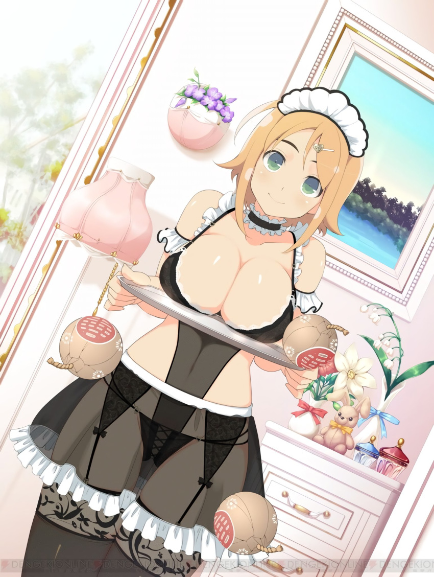 1girl bare_shoulders black_panties black_skirt blush bomb breast_rest breasts carried_breast_rest chest_of_drawers cleavage collarbone flower flower_pot frills green_eyes hair_between_eyes hair_ornament hairclip hanabi_(senran_kagura) headband highres indoors lamp large_breasts looking_at_viewer maid maid_headdress navel official_art orange_hair painting_(object) panties plant potted_plant senran_kagura short_hair skirt smile solo stuffed_animal stuffed_bunny stuffed_toy thighhighs underwear weapon white_flower window yaegashi_nan