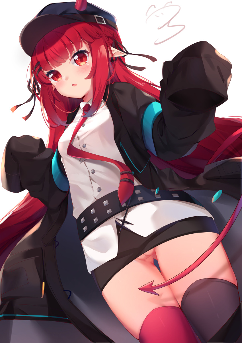 1girl arknights black_headwear black_legwear breasts demon_tail hat highres long_hair looking_at_viewer mismatched_legwear nahaki necktie no_panties pointy_ears pussy red_eyes red_hair red_legwear red_neckwear red_tail shirt simple_background sleeves_past_fingers sleeves_past_wrists small_breasts solo tail thighhighs vigna_(arknights) white_background white_shirt