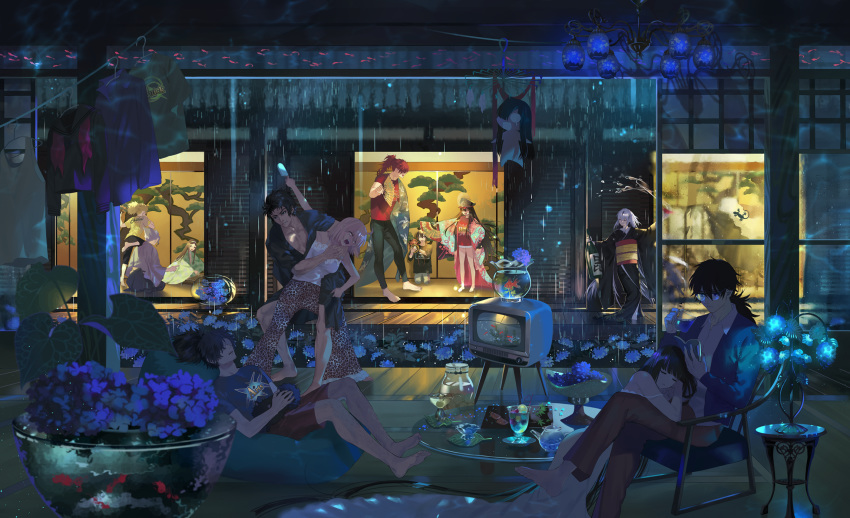 5girls 6+boys akechi_mitsuhide_(fate/grand_order) alcohol alternate_costume animal_print architecture arts_shirt bangs barefoot black_hair blonde_hair blunt_bangs bottle buster_shirt camisole chacha_(fate/grand_order) chandelier chibi clothesline commentary_request crazy_straw crossed_legs dog drinking_straw east_asian_architecture fan fate_(series) fishbowl flower folding_fan food full_body furisode glass glass_table glass_teapot glasses hat heart_straw highres hijikata_toshizou_(fate/grand_order) hime_cut holding holding_another holding_fan hug hydrangea japanese_clothes jinbei_(clothes) kimono layered_clothing layered_kimono leg_hair leopard_print lizard long_hair long_sleeves military_hat mori_nagayoshi_(fate) multicolored_hair multiple_boys multiple_girls nagao_kagetora_(fate) oda_nobukatsu_(fate/grand_order) oda_nobunaga_(fate)_(all) oda_nobunaga_(swimsuit_berserker)_(fate) oda_uri okada_izou_(dog) okada_izou_(fate) okita_souji_(fate) okita_souji_(fate)_(all) oryou_(fate) pants paper_fan parfait peaked_cap pink_hair plant ponytail popsicle potted_plant quick_shirt rain reading reclining red_hair sakamoto_ryouma_(fate) sake sake_bottle seiza shirt short_hair silver_hair sitting sleeping sliding_doors standing straight_hair streaked_hair t-shirt table teapot television topknot toyotomi_hideyoshi_(koha-ace) very_long_hair warabi_tama wide_sleeves wrestling