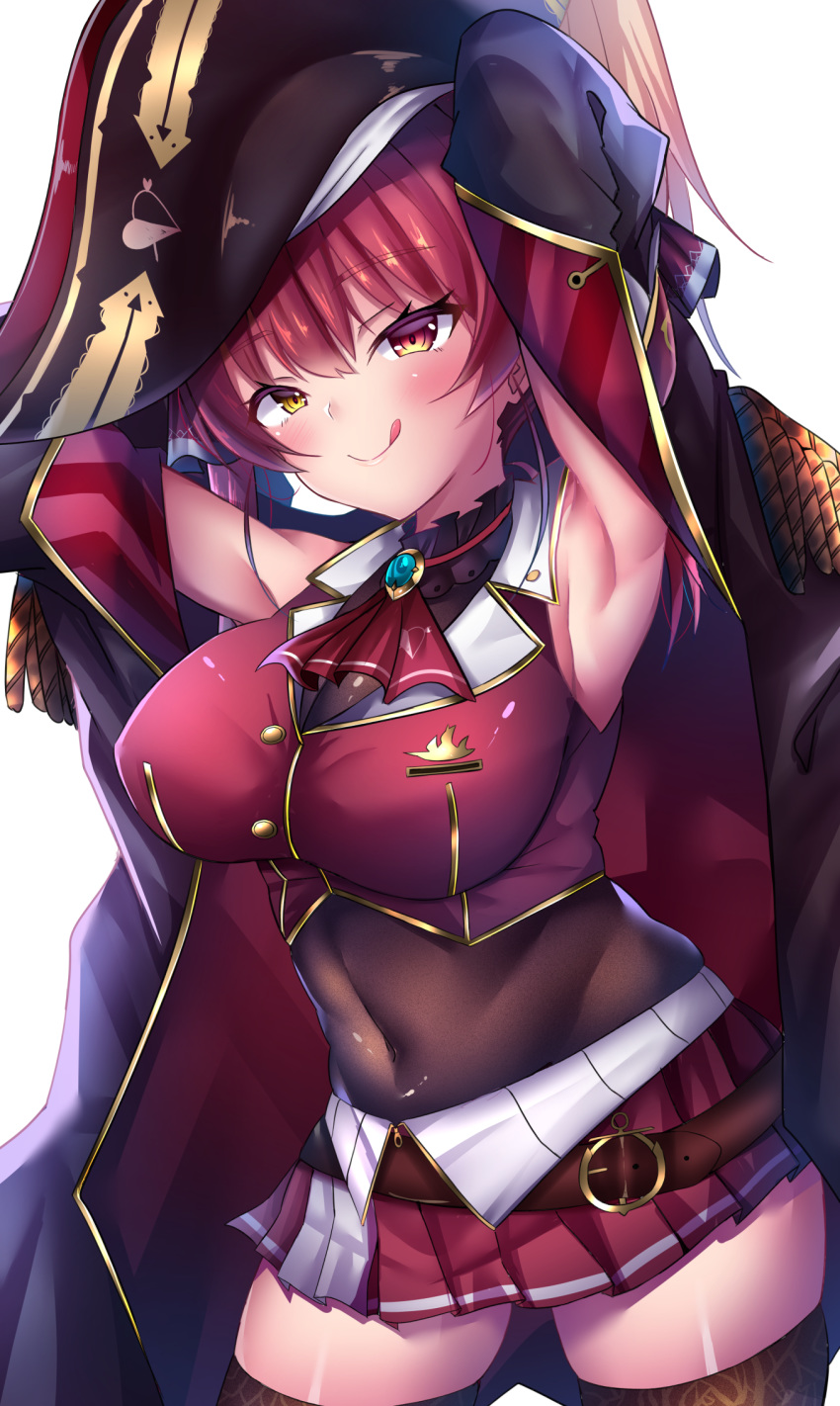 1girl :q armpits arms_up bangs bare_shoulders belt blush breasts brown_belt brown_leotard covered_navel crop_top detached_sleeves eyebrows_visible_through_hair gem hair_between_eyes hat heterochromia highres hololive houshou_marine large_breasts leotard long_hair looking_at_viewer loose_belt miniskirt pirate_hat pleated_skirt red_eyes red_hair red_shirt red_skirt see-through shiki_(catbox230123) shirt simple_background skirt sleeveless sleeveless_shirt smile solo thighhighs tongue tongue_out twintails virtual_youtuber white_background yellow_eyes zettai_ryouiki zipper_pull_tab