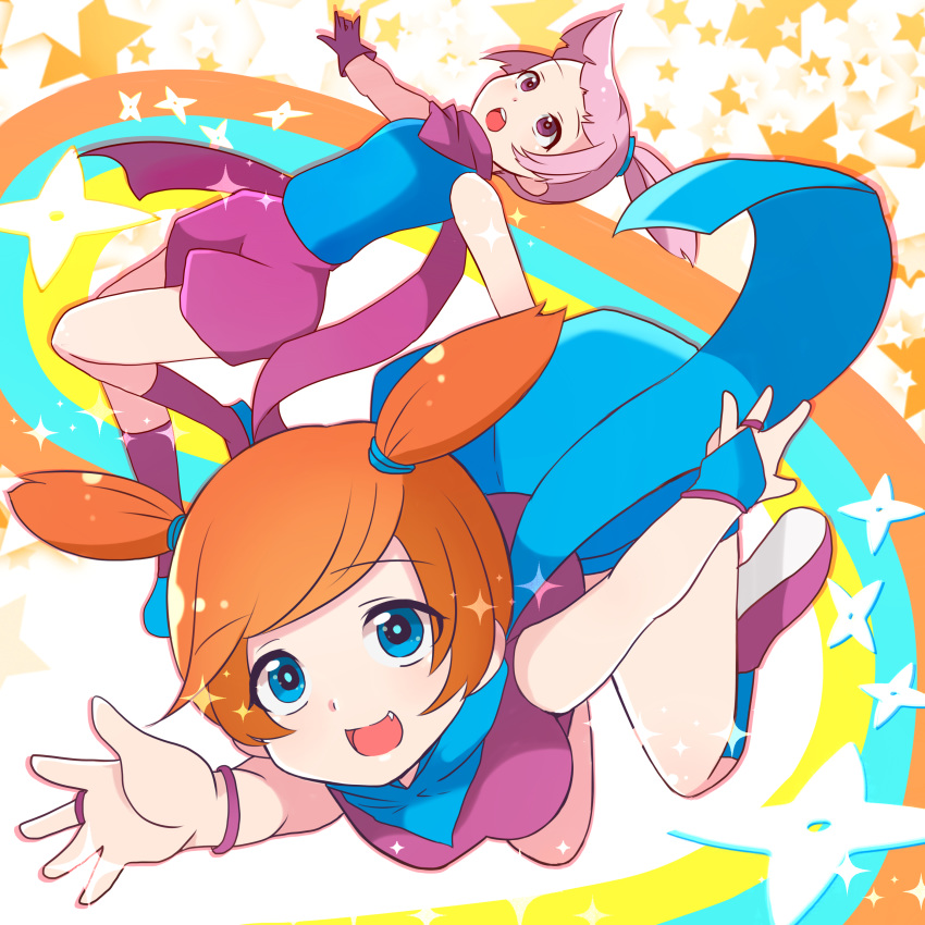 2girls absurdres ana_(warioware) bangs blue_eyes blunt_bangs commentary_request dated_commentary enma_(yoshioka_saori) fang floating high_ponytail highres hime_cut kat_(warioware) looking_at_viewer looking_up multiple_girls ninja older open_mouth orange_hair outstretched_arms ponytail purple_eyes purple_hair scarf short_twintails shuriken siblings sisters smile sparkle star_(symbol) twintails warioware