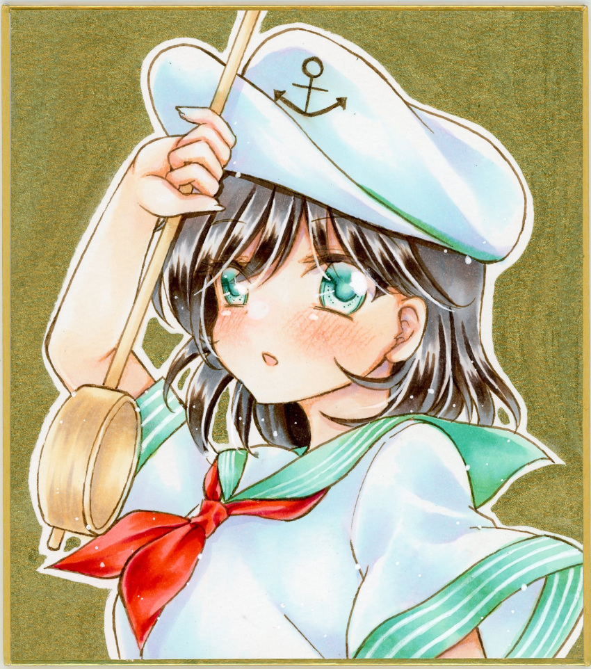 1girl anchor_symbol arm_up black_hair blush commentary_request eyebrows_visible_through_hair graphite_(medium) green_eyes hair_between_eyes hat highres hishaku looking_at_viewer marker_(medium) murasa_minamitsu neckerchief nekofish666 open_mouth peaked_cap portrait red_neckwear sailor_collar school_uniform serafuku shirt short_hair short_sleeves solo touhou traditional_media white_headwear white_shirt