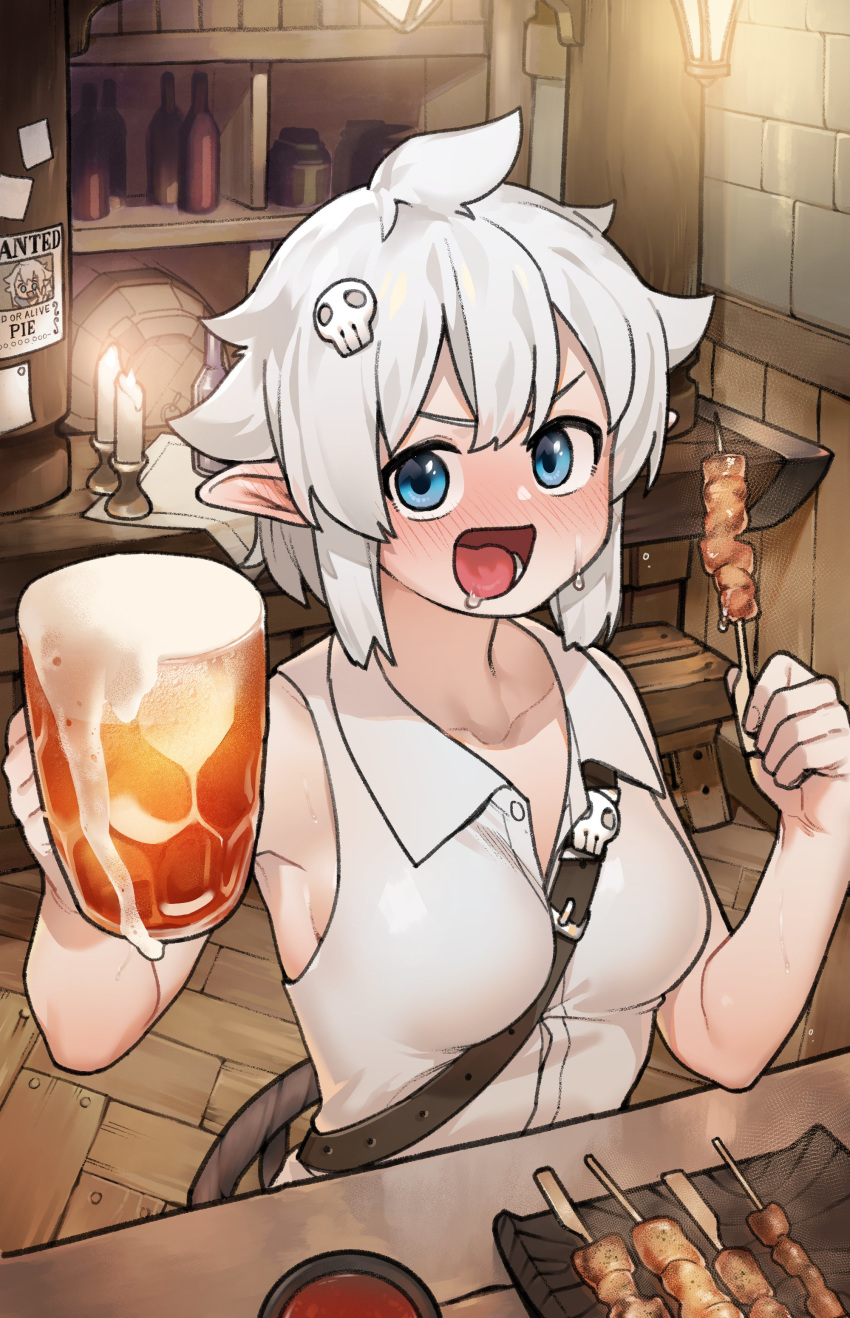 1girl absurdres alcohol bangs beer beer_mug between_breasts blue_eyes blush breasts candle check_copyright collared_shirt commission copyright_request cup food hair_ornament highres holding holding_drink holding_food indoors looking_at_viewer meat medium_breasts mug open_mouth original pointy_ears shelf shirt short_hair skewer skull_hair_ornament sleeveless sleeveless_shirt solo stardown95 strap_between_breasts upper_body white_hair white_shirt