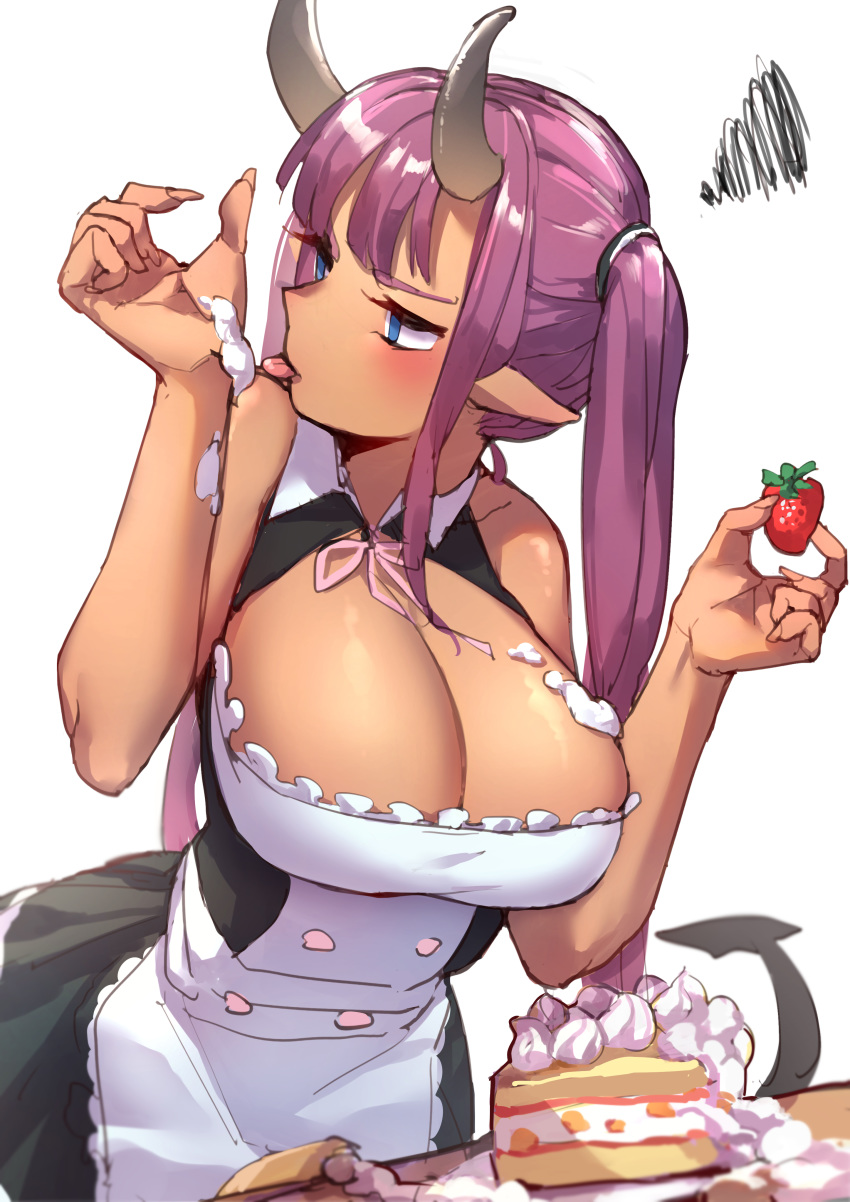 1girl absurdres alternate_costume alternate_hairstyle apron bangs blue_eyes blunt_bangs blush breasts cake cleavage cleavage_cutout dark_skin demon_girl demon_tail enmaided fingernails food fruit hand_licking highres horns large_breasts licking long_fingernails long_hair maid maid_apron messy mr.lime oni_horns original pointy_ears purple_hair solo squiggle strawberry tail tongue tongue_out twintails whipped_cream white_background