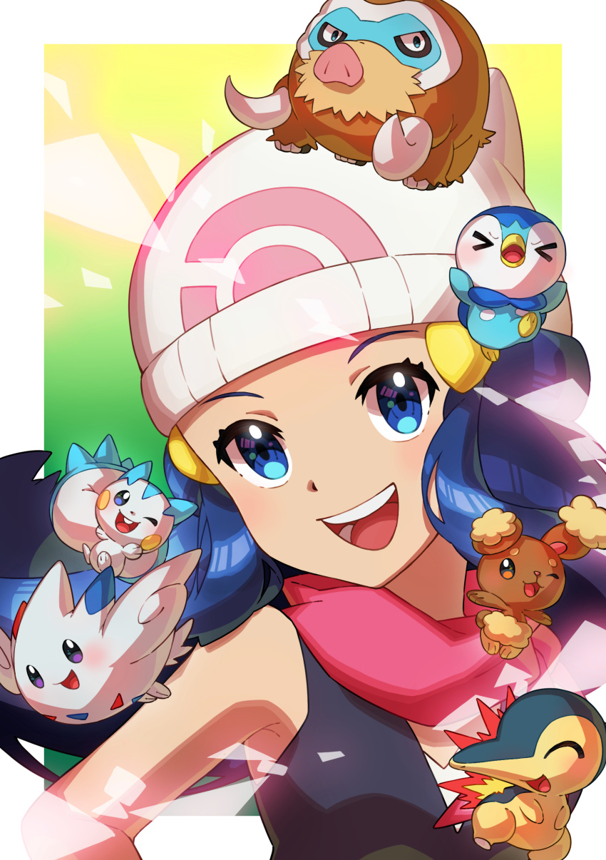 1girl :d absurdres beanie blue_eyes blue_hair blush buneary commentary_request cyndaquil gen_2_pokemon gen_4_pokemon hair_ornament hairclip happy hat highres hikari_(pokemon) long_hair looking_at_viewer mamoswine open_mouth pachirisu pink_scarf piplup poke_ball_print pokemon pokemon_(anime) pokemon_(creature) pokemon_dppt_(anime) scarf smile starter_pokemon taisa_(lovemokunae) teeth togekiss tongue white_headwear