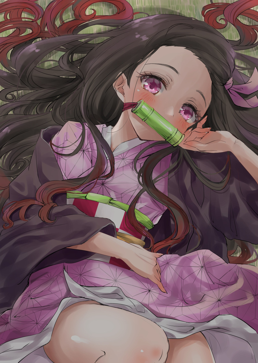 1girl absurdres ankoro_(ankrd1029) asa_no_ha_(pattern) bamboo bit_gag black_hair black_haori brown_hair checkered_obi commentary_request fingernails forehead from_above gag gradient_hair hair_ribbon hand_in_hair head_tilt highres japanese_clothes kamado_nezuko kimetsu_no_yaiba kimono long_hair long_sleeves looking_at_viewer lying mouth_hold multicolored_hair obi off_shoulder on_back pink_eyes pink_kimono pink_ribbon ribbon sash sharp_fingernails solo tatami two-tone_hair