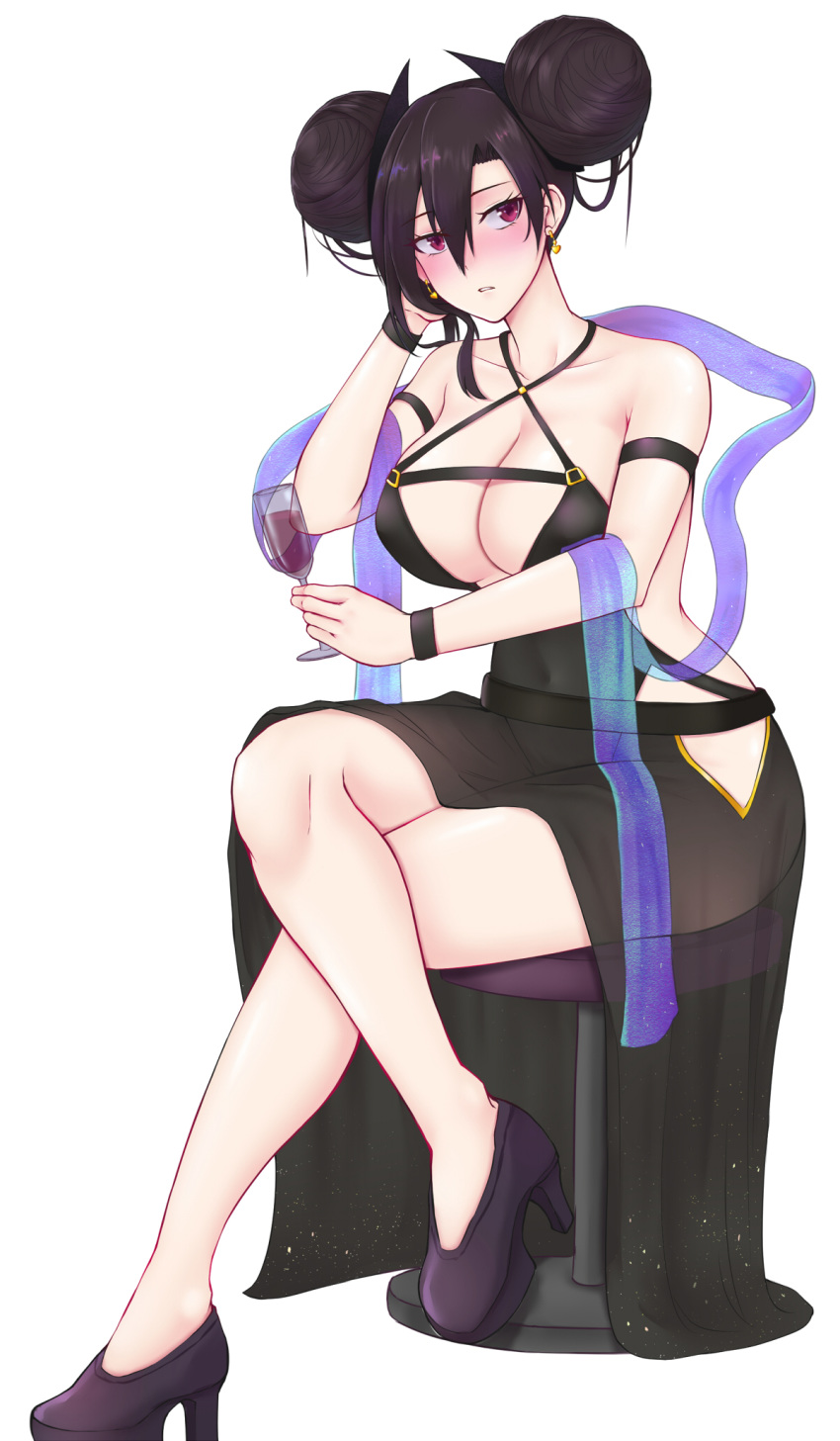 1girl agent_(girls_frontline) alcohol alternate_costume alternate_eye_color arm_support armband asymmetrical_hair bar_stool black_dress black_hair blue_sash blush breasts chin_rest chinese_commentary cleavage cocktail_dress collarbone commentary_request crossed_legs cup double_bun dress drinking_glass drop_earrings drunk earrings eyelashes full_body girls_frontline hagoromo hair_ornament halter_dress heart heart_earrings high_heels highres invisible_table jewelry knees large_breasts looking_to_the_side messy_hair pao_mian+dan parted_lips pumps red_eyes sangvis_ferri sash shawl short_hair_with_long_locks sidelocks simple_background sitting solo stool tsurime white_background wine wine_glass wristband