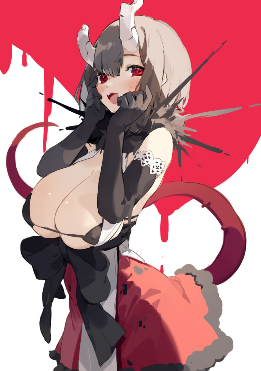 1girl bangs bare_shoulders black_bow blood blush bow bra breasts broken_horn brown_hair dress eriko_(princess_connect!) eyebrows fur-trimmed_skirt fur_trim gloves hair_between_eyes hands_on_own_face hands_up highres horns large_breasts looking_at_viewer open_clothes open_mouth princess_connect! princess_connect!_re:dive red_background red_dress red_eyes ribbon sh_(562835932) short_hair skirt solo solo_focus spiked_tail tail teeth tongue underwear upper_body white_background