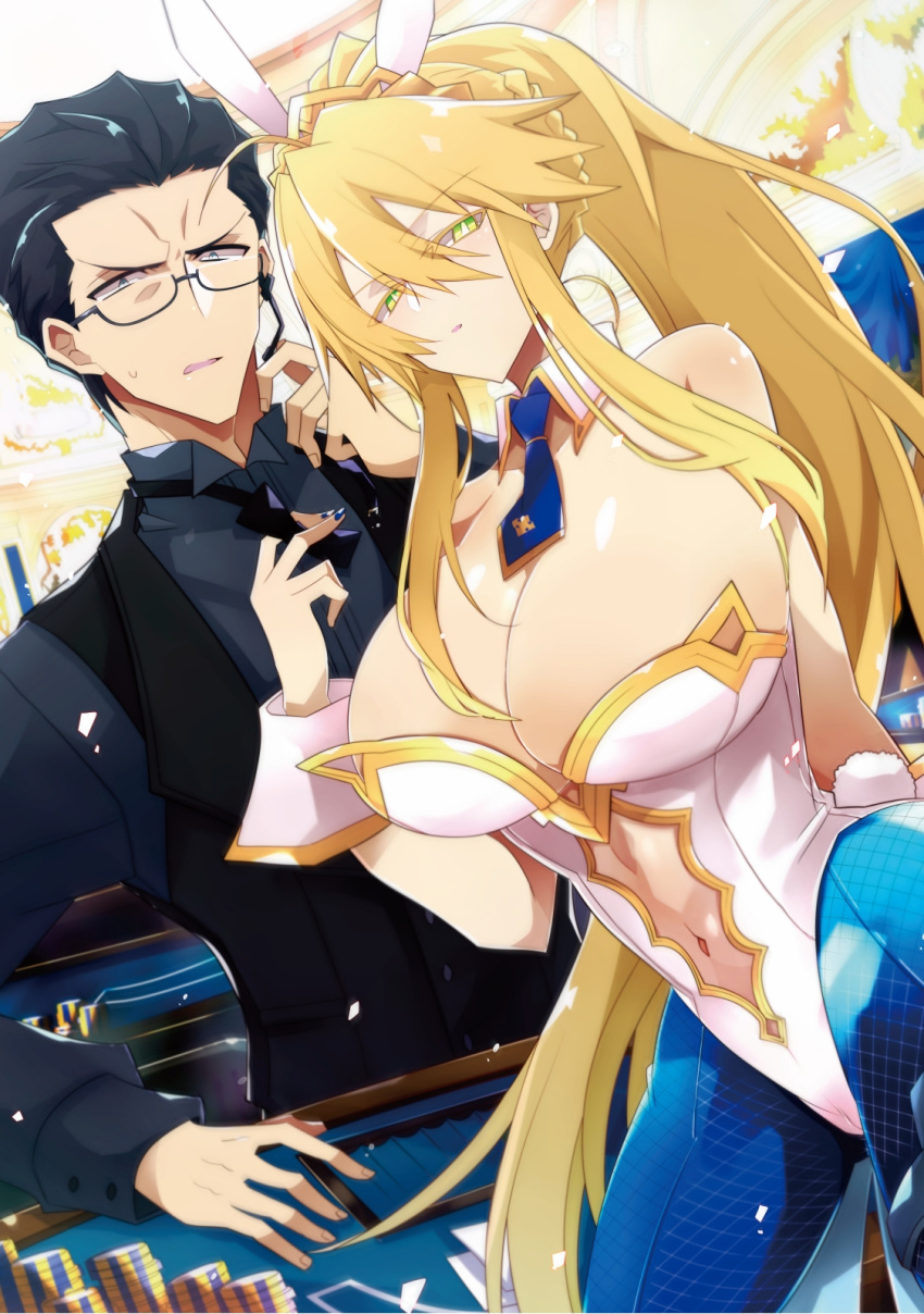 1boy 1girl agravain_(fate/grand_order) ahoge animal_ears artoria_pendragon_(all) artoria_pendragon_(swimsuit_ruler)_(fate) bangs bare_shoulders black_eyes black_hair black_vest blonde_hair blue_legwear blue_neckwear bow bowtie braid breasts bunny_ears bunnysuit card cleavage constricted_pupils detached_collar fate/grand_order fate_(series) feather_boa fishnet_legwear fishnets formal french_braid green_eyes hair_between_eyes headset highleg highleg_leotard highres large_breasts leotard long_hair looking_at_viewer navel navel_cutout nogi_(acclima) open_mouth poker_chip poker_table ponytail short_hair sidelocks suit thighs tiara vest white_leotard wrist_cuffs