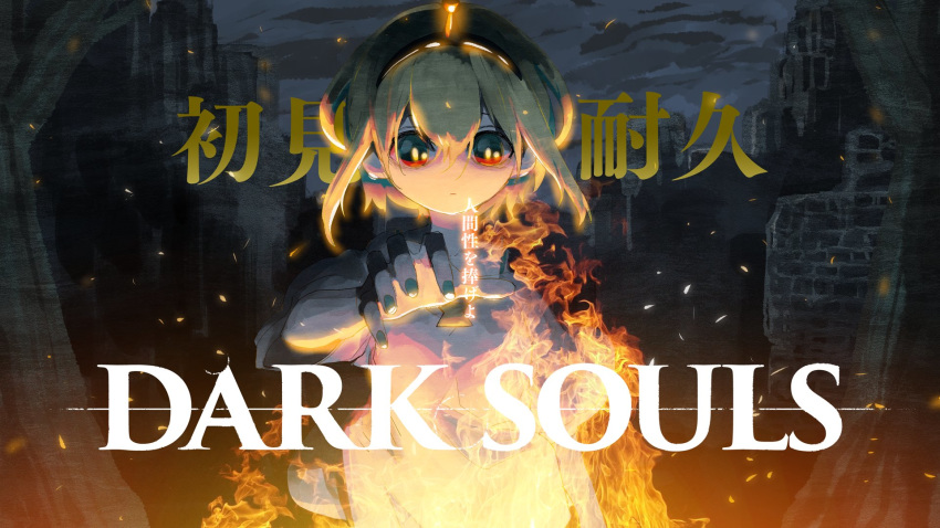 1girl amano_pikamee blonde_hair bonfire closed_mouth copyright_name dark_souls empty_eyes fingernails fire green_nails gyari_(imagesdawn) hand_up highres looking_at_viewer nail_polish red_eyes solo souls_(from_software) sweater translation_request virtual_youtuber voms white_sweater