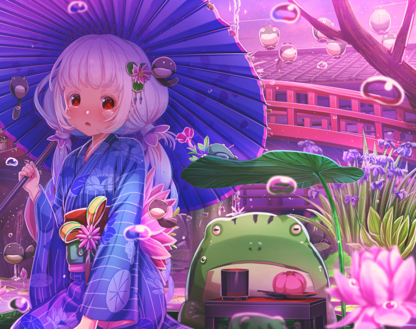 1girl :o abo_(kawatasyunnnosukesabu) animal architecture bangs blue_flower blue_kimono blue_umbrella blush commentary_request cup east_asian_architecture floral_print flower frog hair_flower hair_ornament holding holding_umbrella japanese_clothes kimono lantern lily_pad long_hair looking_at_viewer nail_polish obi oriental_umbrella original outdoors paper_lantern pink_flower plate red_eyes red_nails sash solo tadpole tree twintails umbrella water_drop white_hair