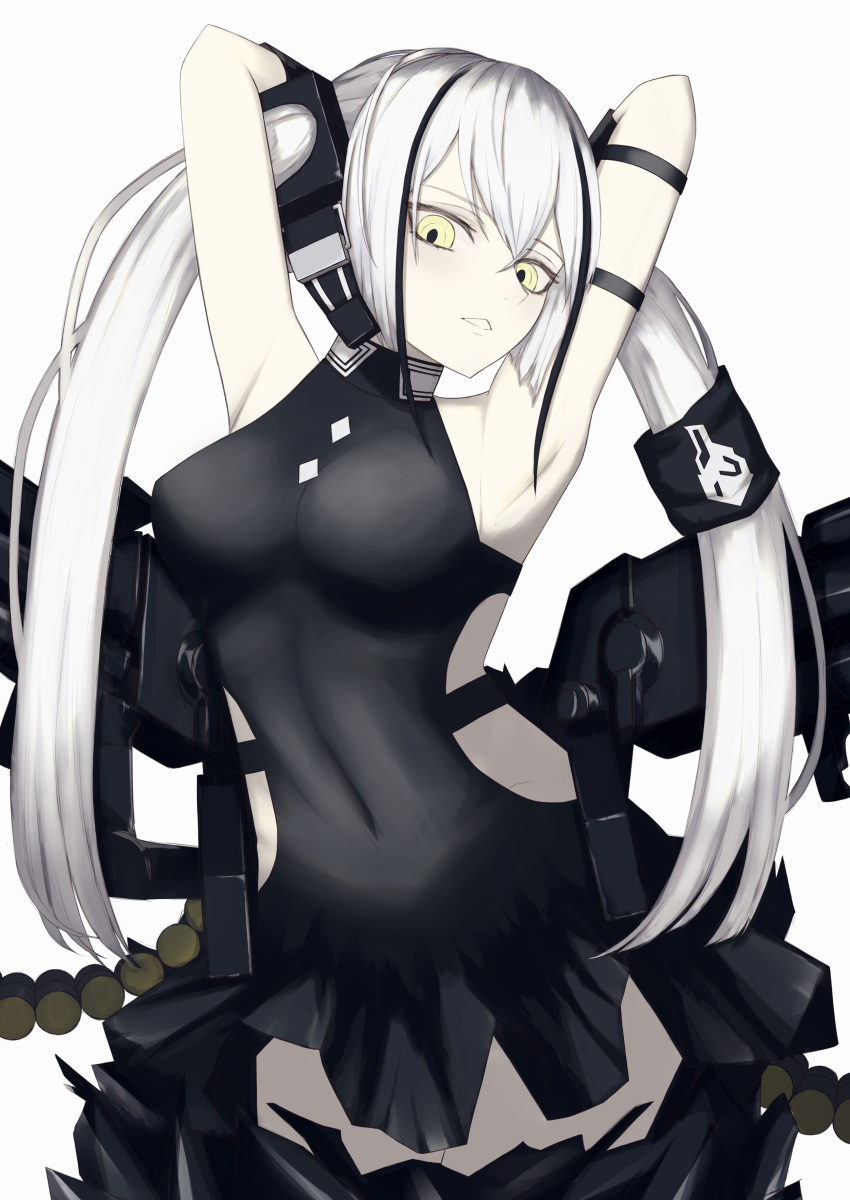 1girl absurdres ammunition_belt arched_back armband armpits arms_behind_head black_dress breasts cowboy_shot destroyer_(girls_frontline) dress emblem girls_frontline hair_tubes headset highres long_hair looking_at_viewer mechanical_arms navel rigging sangvis_ferri simple_background sleeveless sleeveless_dress small_breasts solo thighhighs thomas_8000 tsurime twintails very_long_hair white_background white_hair yellow_eyes
