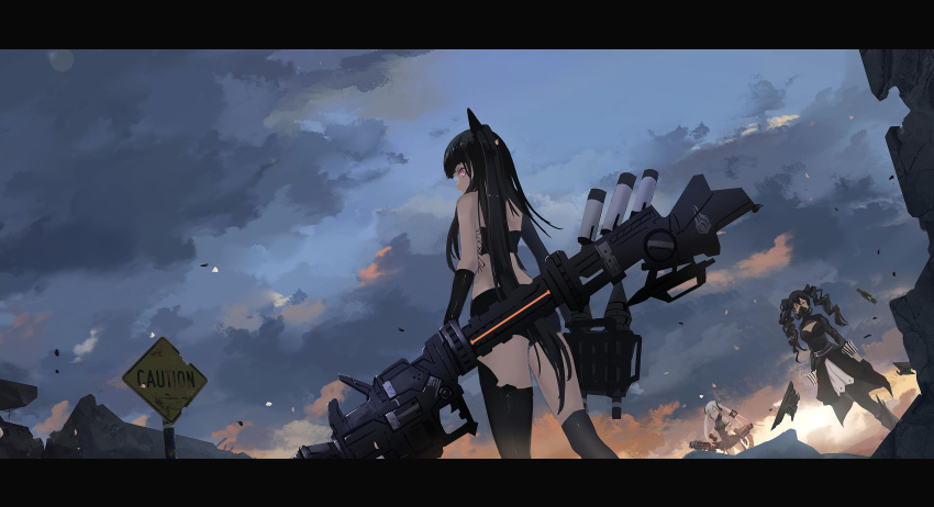 3girls absurdres ammunition_belt architect_(girls_frontline) asymmetrical_hair asymmetrical_legwear bandeau belt black_gloves black_hair blue_sky boots capacitor cleavage_cutout cloud commentary_request concrete destroyer_(girls_frontline) drill_hair drone dutch_angle elbow_gloves emblem energy_gun gas_mask girls_frontline gloves glowing glowing_eyes hair_tubes highres letterboxed long_hair looking_back multiple_girls orange_eyes pink_eyes rebar road_sign rubble sangvis_ferri scarecrow_(girls_frontline) shorts sign signpost sky thighhighs twilight twintails very_long_hair waist_cape weapon white_hair wjn-rance yellow_eyes