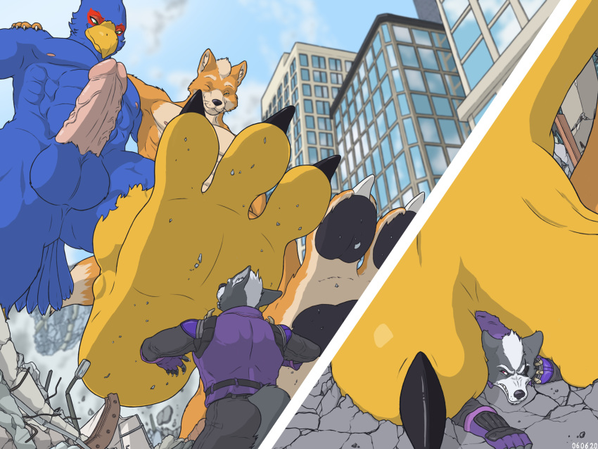 2020 4:3 anthro avian balls bird building butt canid canine canis city clothing destruction duo falco_lombardi feet fox fox_mccloud genitals hi_res holmen macro male mammal micro muscular muscular_male nintendo penis star_fox video_games wolf wolf_o'donnell