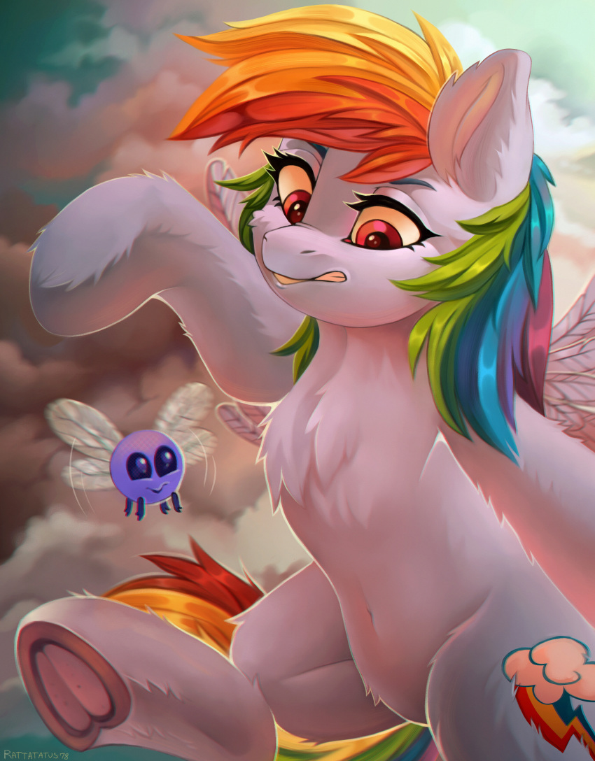 absurd_res blue_body blue_fur chest_tuft clenched_teeth cutie_mark equid equine eyelashes feathered_wings feathers female feral friendship_is_magic fur hair hi_res mammal membrane_(anatomy) membranous_wings multicolored_hair my_little_pony navel parasprite_(mlp) pegasus rainbow_dash_(mlp) rainbow_hair rattatatus78 solo teeth tuft underhoof wings