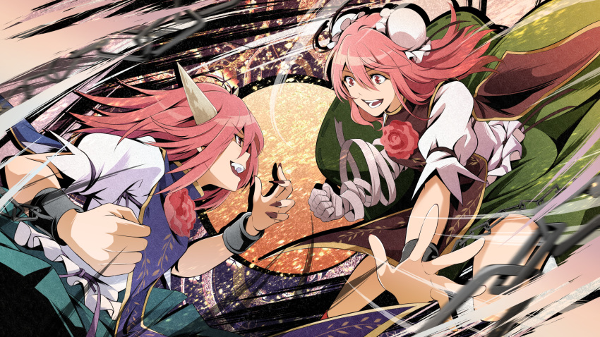 action ahoge amputee angry arkatopia attack bandaged_arm bandages brown_nails bun_cover chain chinese_clothes commentary_request cuffs double_bun dual_persona eyebrows_visible_through_hair fangs fingernails flower from_side frown highres horns ibaraki_douji's_arm ibaraki_kasen long_fingernails medium_hair missing_limb oni oni_horns open_mouth outstretched_arm outstretched_hand pink_eyes pink_flower pink_hair pink_rose profile puffy_short_sleeves puffy_sleeves punching rose shackles sharp_fingernails short_sleeves sidelocks speed_lines spoilers tabard tagme touhou v-shaped_eyebrows