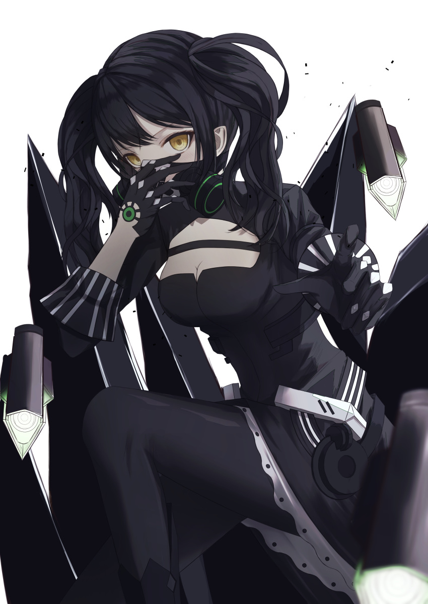 1girl absurdres belt black_dress black_gloves black_hair black_legwear blurry boots breasts cleavage cleavage_cutout cowboy_shot depth_of_field dress drone gas_mask girls_frontline gloves highres looking_at_viewer pantyhose pointing pointing_at_viewer sangvis_ferri scarecrow_(girls_frontline) simple_background sleeves_folded_up solo thomas_8000 twintails white_background yellow_eyes