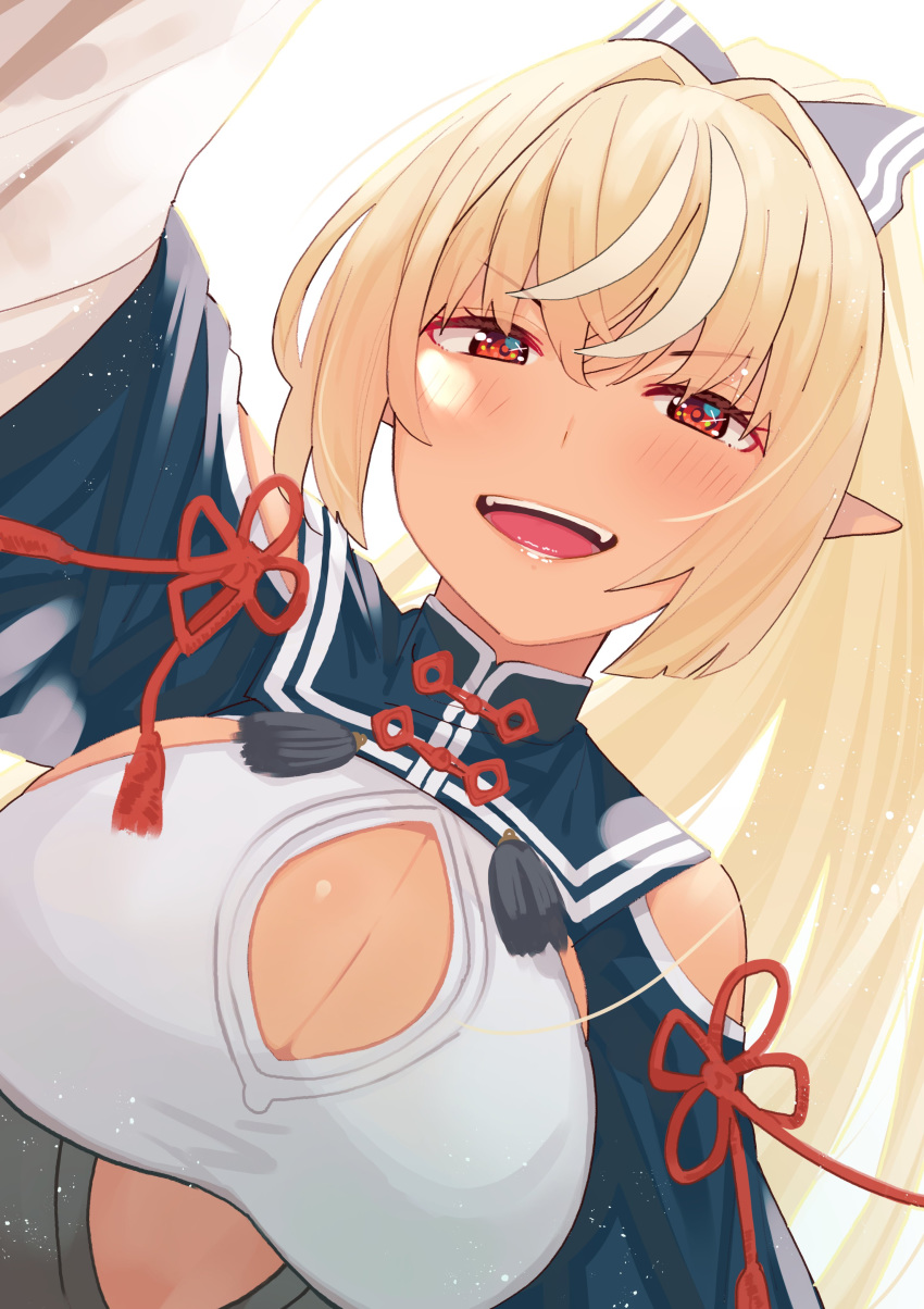 1girl absurdres ahoge blonde_hair blue_bow blue_dress blush bow breasts chinese_clothes cleavage commentary dark_skin dress dutch_angle eyebrows_visible_through_hair hair_between_eyes hair_bow highres hololive large_breasts long_hair looking_at_viewer multicolored_hair open_mouth pointy_ears ponytail pov red_eyes shiranui_flare shoulder_cutout simple_background smile solo streaked_hair tassel tonari_no_kai_keruberosu two-tone_hair upper_body virtual_youtuber white_background white_hair