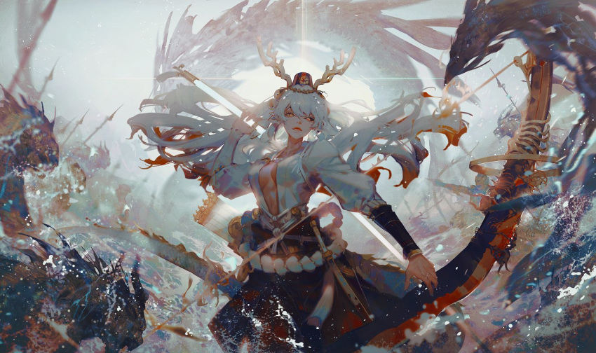 1girl arm_guards armor armored_skirt arrow_(projectile) backlighting battle bell bow_(weapon) breasts cleavage closed_mouth cowboy_shot dragon dragon_horns dual_wielding eastern_dragon eyelashes floating_hair hair_bell hair_between_eyes hair_ornament hakama hat holding holding_bow_(weapon) holding_sword holding_weapon horns huge_weapon japanese_armor japanese_clothes kusazuri lips long_hair looking_at_viewer medium_breasts mian_lang multicolored_hair onmyoji open_clothes open_shirt orange_eyes over_shoulder oversized_object quiver red_hair rope scabbard sheath shimenawa shirt silver_hair smile solo_focus splashing streaked_hair suzuka_gozen_(onmyoji) sword sword_over_shoulder tassel tasuki tate_eboshi two-tone_hair water weapon weapon_over_shoulder white_shirt