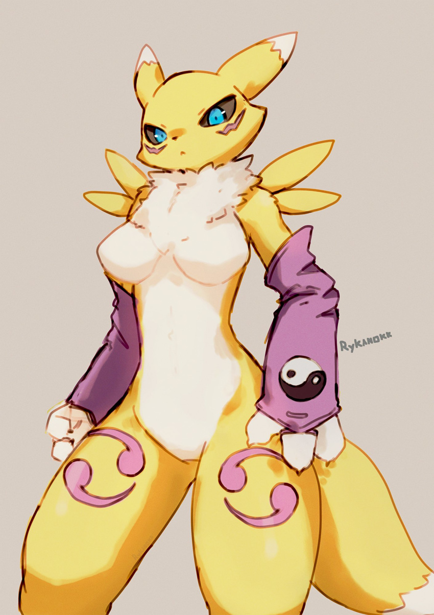 2020 3_fingers anthro armwear black_sclera blue_eyes breasts bridal_gauntlets canid canine chest_tuft clothing digimon digimon_(species) digital_media_(artwork) female fingers fur hi_res looking_at_viewer mammal markings_(fur) renamon rykanokk simple_background solo standing tuft white_body white_fur yellow_body yellow_fur