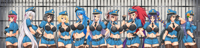 6+girls ange_vierge aqua_eyes ass bangs black_hair blonde_hair blue_eyes blue_hair breasts cleavage code_omega_77_stella commission crossover cuffs eyebrows_visible_through_hair facial_mark fairy_tail fate/grand_order fate_(series) female_service_cap forehead_mark freezing glasses green_eyes gun hair_ornament hair_pulled_back hair_ribbon hairband hakubi_washuu handcuffs handgun harem hat heterochromia high_school_dxd highres hitsugi_sayo hyakka_ryouran_samurai_girls lana_rinchen large_breasts long_hair long_image mai_kobayashi medium_breasts mirajane_strauss miyamoto_musashi_(fate/grand_order) multiple_girls navel necktie open_mouth pencil_skirt pink_hair police police_badge police_hat police_uniform policewoman ponytail purple_eyes red_eyes ribbon rossweisse rud-k sasaki_kojirou_(hyakka_ryouran) senran_kagura senran_kagura_new_wave short_hair silver_hair skirt smile spiked_hair super_robot_wars super_robot_wars_original_generation tachibana_(senran_kagura) tenchi_muyou! thighhighs tonfa uniform very_long_hair weapon white_hair wide_image