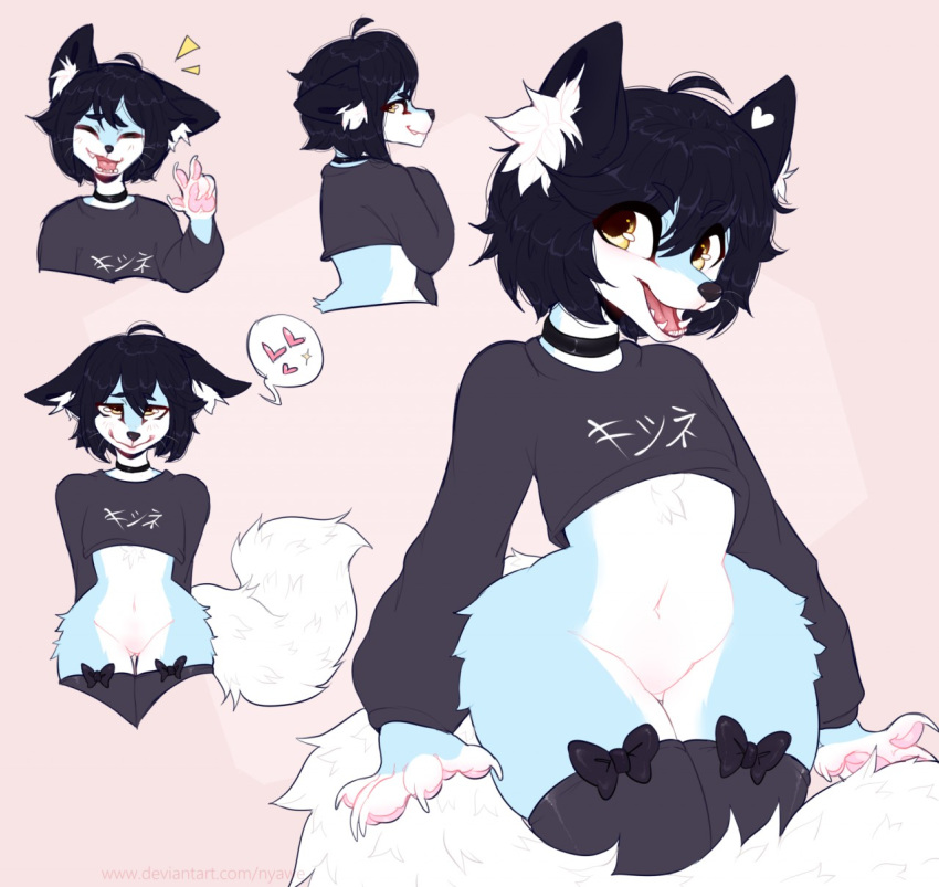 &lt;3 &lt;3_marking 2019 5_fingers anthro belly biped black_bow black_choker black_clothing black_ears black_hair black_legwear black_nose black_stockings black_topwear blue_body blue_fur bob_hair bottomless bow canid canine canis chest_tuft choker claws clothed clothing collar cute_fangs digital_media_(artwork) ear_markings ear_tuft facial_markings fingers fluffy fluffy_tail fox from_behind_position front_view fur genitals girly hair half-length_portrait hands_behind_back head_markings hi_res ichiigoneko inner_ear_fluff japanese_text jewelry legwear lying male mammal markings multicolored_body multicolored_fur necklace on_front open_mouth pawpads paws pink_background pink_pawpads pink_paws pink_tongue portrait pussy sex short_hair simple_background smile solo speech_bubble stockings taeonyx tail_tuft teeth text text_on_clothing text_on_shirt thigh_tuft tongue topwear tuft white_belly white_body white_claws white_fur white_inner_ear white_markings white_tail yellow_eyes