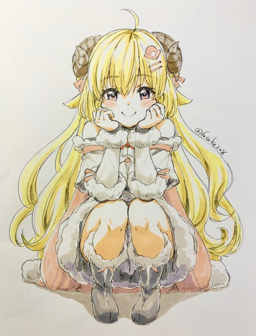 1girl ahoge animal_ears black_footwear blonde_hair blush blush_stickers boots breasts cape closed_mouth commentary detached_sleeves dress eyebrows_visible_through_hair eyelashes full_body fur-trimmed_boots fur-trimmed_dress fur-trimmed_sleeves fur_trim fuusuke_(fusuke208) hair_between_eyes hair_ornament hairclip hands_on_own_cheeks hands_on_own_face highres hololive horns long_hair looking_at_viewer medium_breasts photo purple_eyes sheep_ears sheep_horns simple_background smile solo squatting traditional_media tsunomaki_watame twitter_username virtual_youtuber white_background white_dress wool