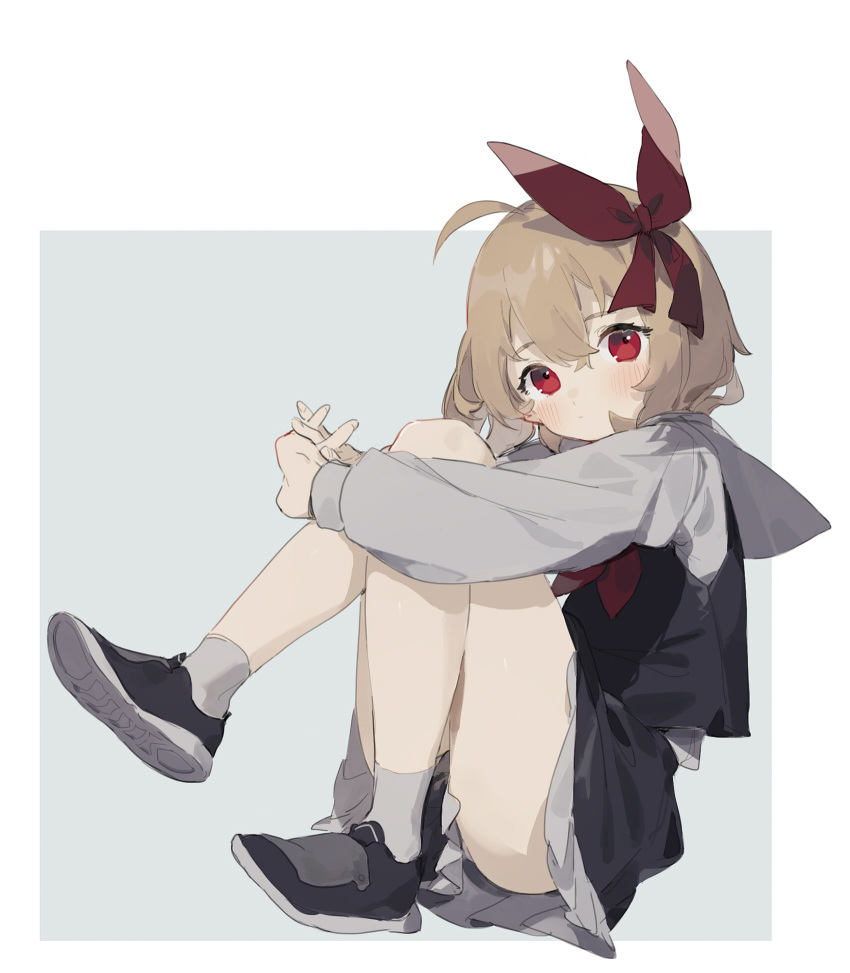 1girl black_skirt black_vest blonde_hair commentary expressionless full_body grey_background grey_shirt hair_ribbon highres long_sleeves looking_at_viewer medium_hair red_eyes red_neckwear ribbon rumia sh_(562835932) shirt shoes sitting skirt skirt_set solo touhou two-tone_background vest white_background