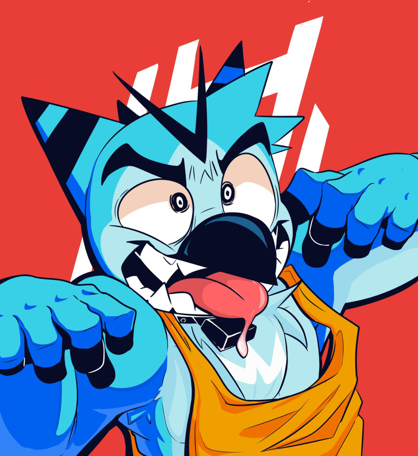 2019 5_fingers abstract_background absurd_res anthro avian bird blue_body clothed clothing collar digital_drawing_(artwork) digital_media_(artwork) fingers hi_res male owl owy owy_(character) red_background simple_background solo tongue tongue_out toony