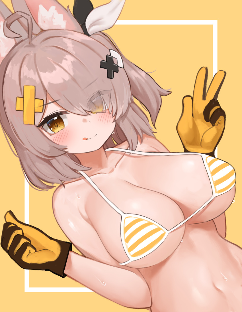 1girl :q absurdres ahoge animal_ears armpit_crease bare_arms bare_shoulders bikini black_gloves breasts brown_hair cleavage closed_mouth collarbone eyes_visible_through_hair fox_ears gloves hair_over_one_eye hair_ribbon halter_top halterneck hands_up highres large_breasts looking_at_viewer medium_hair naughty_face navel one_side_up pocari_(sq551) ribbon smile solo stomach strap_gap string_bikini striped striped_bikini sweatdrop swimsuit thumbs_up tongue tongue_out upper_body v vrchat yellow_bikini yellow_eyes