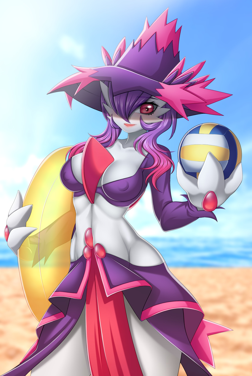 3_fingers absurd_res belly bottomwear bra breasts circe_the_pokegirl cleavage clothed clothing cloud day detailed_background female fingers front_view gardevoir gyuumu hair hat headgear headwear hi_res holding_object humanoid light lips multicolored_hair navel nintendo not_furry pok&eacute;mon pok&eacute;mon_(species) red_eyes sand sea skirt sky solo standing sunlight underwear video_games water wave