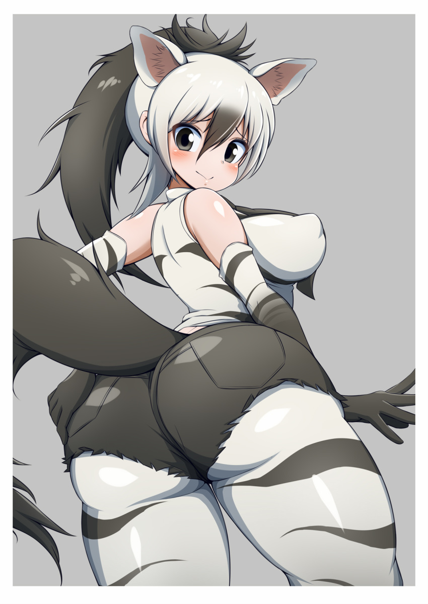 aardwolf_(kemono_friends) animal_humanoid armwear black_hair black_tail blush bottomwear breasts butt butt_focus clothing cutoffs denim denim_clothing elbow_gloves erect_nipples female gloves grey_eyes hair hand_on_hip handwear hi_res humanoid hyaenid hyaenid_humanoid kemono_friends leggings legwear looking_at_viewer mammal mammal_humanoid nipples shorts simple_background sinrinyokujyo smile solo white_hair