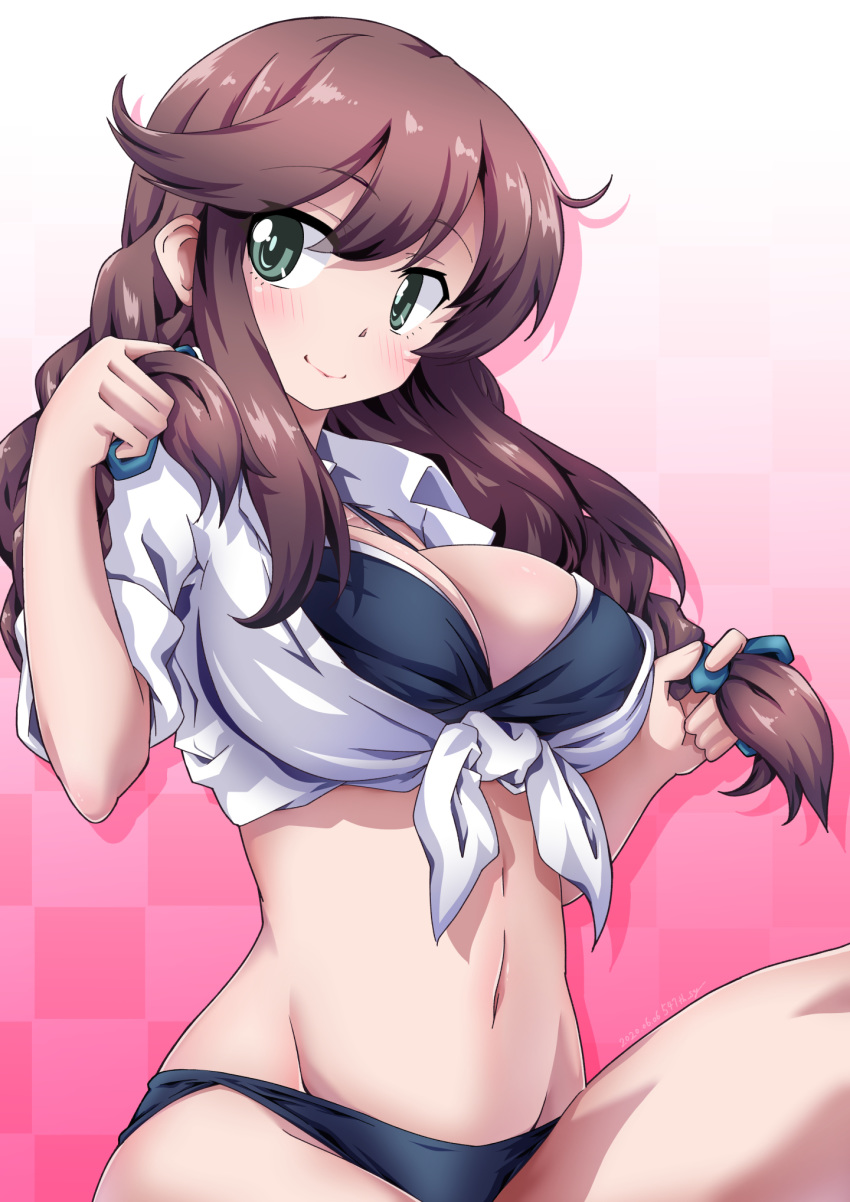 1girl 547th_sy bangs bikini black_bikini braid breasts brown_hair checkered checkered_background cleavage commentary_request gradient gradient_background green_eyes highres kantai_collection large_breasts long_hair long_sleeves looking_at_viewer noshiro_(kantai_collection) pink_background shirt sitting solo swept_bangs swimsuit tied_shirt twin_braids white_background white_shirt