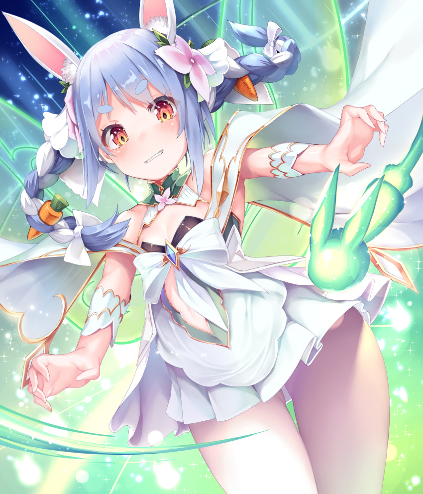 1girl alternate_costume animal_ear_fluff animal_ears ass_visible_through_thighs bangs blue_hair bow braid breasts bunny_ears carrot_hair_ornament cleavage commentary dress eyebrows_visible_through_hair flower food_themed_hair_ornament grin hair_bow hair_flower hair_ornament highres hololive idol looking_at_viewer medium_hair miniskirt mogmog multicolored_hair navel navel_cutout orange_eyes pleated_skirt ringed_eyes shawl sidelocks skirt sleeveless small_breasts smile solo streaked_hair swept_bangs teeth thick_eyebrows thigh_gap thighs twin_braids twintails usada_pekora virtual_youtuber white_dress white_hair white_skirt