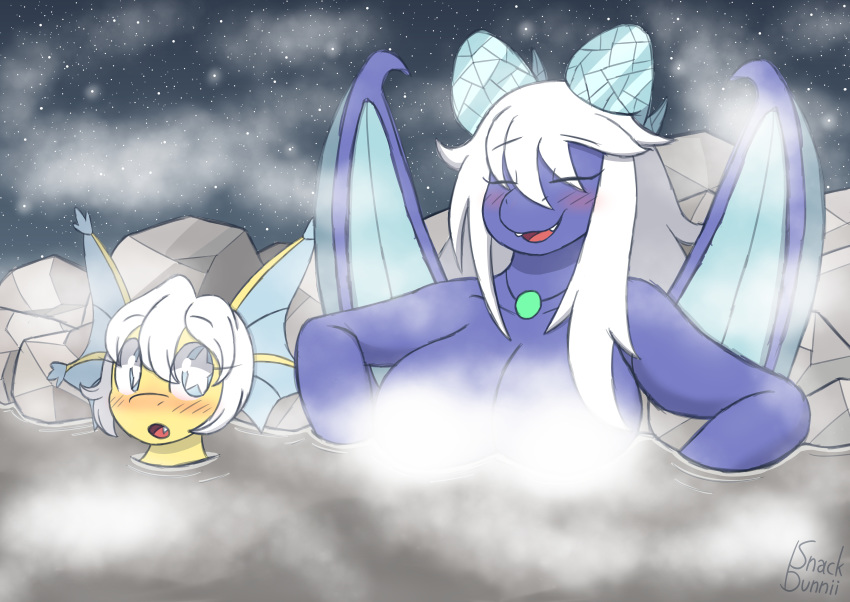 absurd_res anthro bath big_breasts blue_body blue_skin breasts dragon duo eyelashes eyes_closed fangs female fin hair head_fin hi_res horn jewelry necklace neirdra_(snackbunnii) night nude outside rock scalie snackbunnii star star_eyes water wings