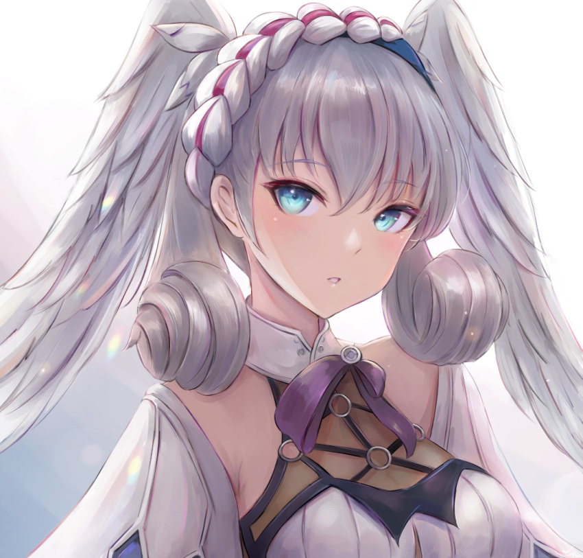 1girl blue_eyes braid breasts crown_braid head_wings leonmandala medium_breasts melia o-ring silver_hair solo upper_body white_background xenoblade_(series) xenoblade_1 xenoblade_1:_tsunagaru_mirai