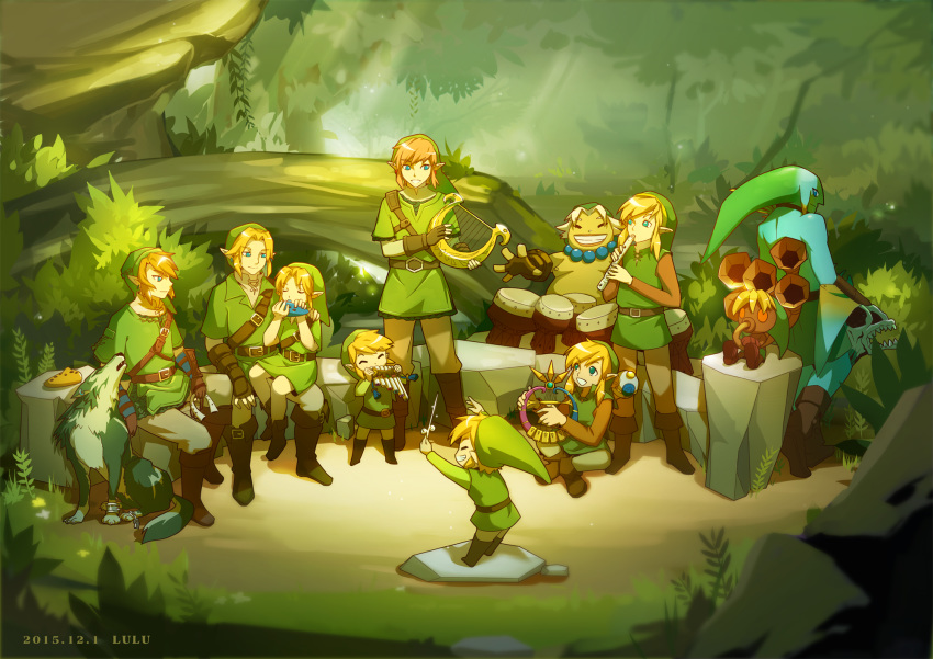 belt blonde_hair blue_eyes boots brown_hair cuffs drum earrings fingerless_gloves flute forest gloves goron green_headwear green_tunic grin harp highres instrument jewelry link looking_at_another multiple_boys multiple_persona nature ocarina pointy_ears rock ruru_(lulubuu) shackles sidelocks smile the_legend_of_zelda the_legend_of_zelda:_majora's_mask the_legend_of_zelda:_ocarina_of_time the_legend_of_zelda:_oracle_of_ages the_legend_of_zelda:_oracle_of_seasons the_legend_of_zelda:_skyward_sword the_legend_of_zelda:_the_wind_waker the_legend_of_zelda:_twilight_princess white_hair wolf zora